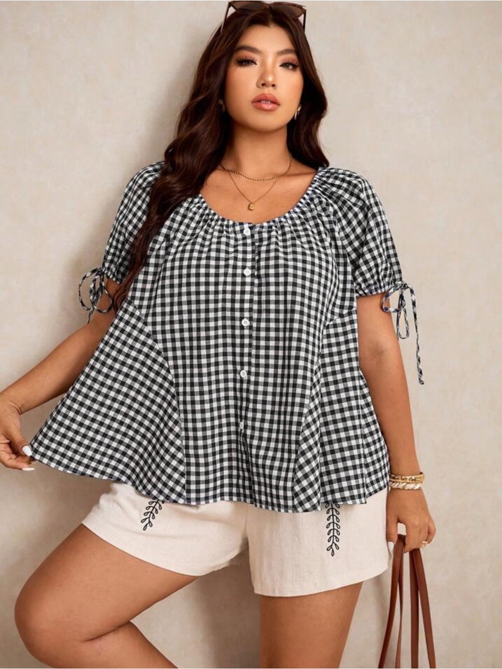 Navy Gingham Button-Front Women’s Top